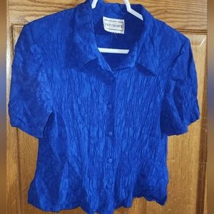 Vintage Karin Stevens Button Down Blouse Shoulder Pads Open Back Embossed Floral